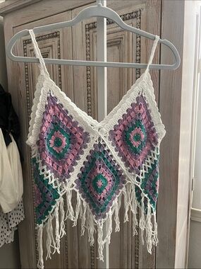 Handmade Crochet Fringe Tank Top in White, Purple & Green